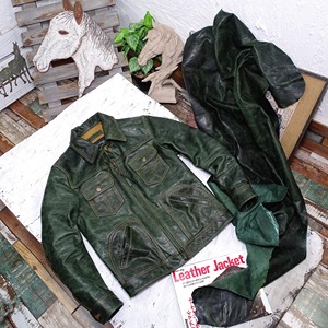 Men's Genuine Leather Sheep Skin Regular Slim Stiff Green Classic Cowboy Motorcycle Canvas High Street Windproof Warm Vintage - Product Image 3