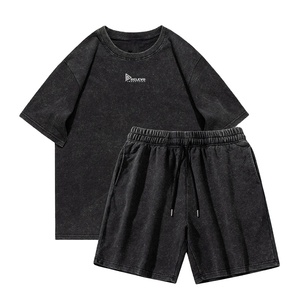 Wholesale RELEVO INDUSTRIES High Quality Comfortable Summer Street <b>Knitted</b> Cotton Fabric Vintage Acid Wash Men's Shorts T <b>Set</b> - Product Image 1