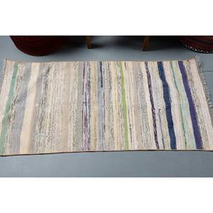 Tapis Turc Moderne Beige Bleu Rayé 210X430 cm Laine Bambou Soie Polyester pour Salon 10mm Epaisseur Patchwork Latex - Product Image 3