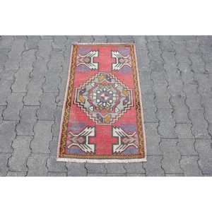 Vintage Turkish Small Rug 1.6x3 ft <b>Red</b> Blue Moroccan Patchwork <b>Wool</b> Rug with Eco-Friendly Latex Backing - Product Image 1