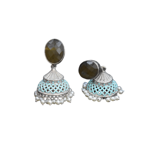 Hermosa pintura a mano Silver Look Alike Stone Stud Jhumka Pendiente Material de latón Pendiente Joyería para mujeres y niñas - Product Image 2