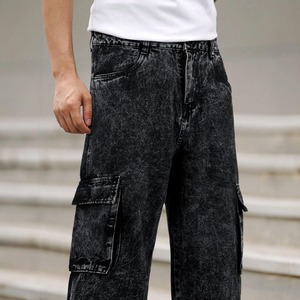 Pantalones Vaqueros Cargo Negros Deslavados Vintage al por Mayor, Jeans Holgados para Hombre - Product Image 4