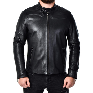 Chaqueta bomber de cuero de piel de oveja negra sólida de moda clásica para hombre con dos bolsillos interiores de invierno - Product Image 5