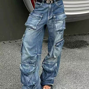 جينز نسائي كلاسيكي على طراز الشارع الشتوي ، كارجو ، ساقين واسعة مغسولة بالأسى - Product Image 2