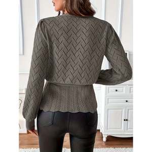 Women's Casual V-Neck <b>Long</b> <b>Sleeve</b> <b>Balloon</b> <b>Sleeve</b> <b>Cardigan</b> with Lace Trim Button Decoration Medium Gray/Black Wrap Tie Detail - Product Image 5