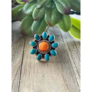 Anillo de Plata de Ley 925 con Flor de Turquesa Multicorales del Suroeste, Engaste en Bisel, Talla 7.25, Unisex, Bonito, Étnico, para Boda o Uso Diario - Product Image 1