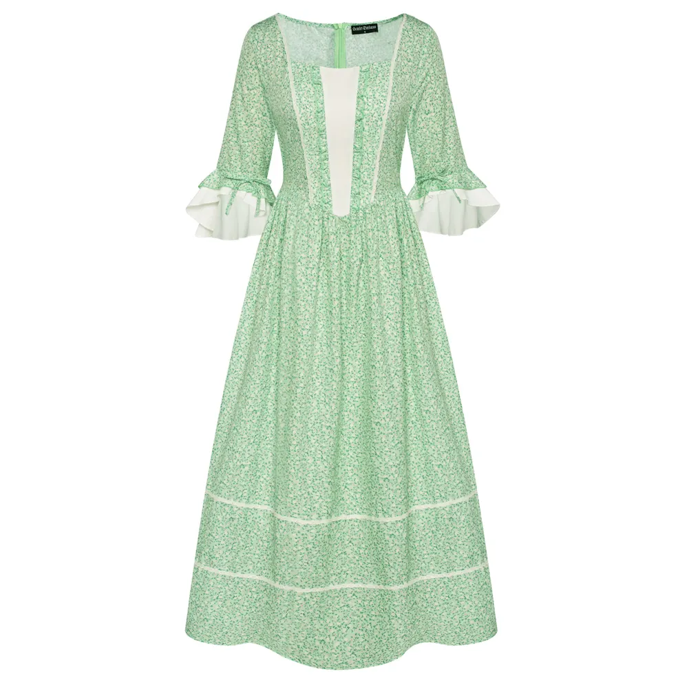 Robe Renaissance pour femmes Manches 3/4 Col carré évasé A-Line Custom Maxi Pioneer Cosplay Costume Dress