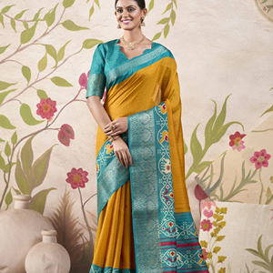 Sarees Tussar Chex de moda con estampados tradicionales de Patola y blusa con borde tejido para compradores de ropa India al por mayor - Product Image 1