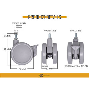 Twin Wheel Caster 75mm Nylon Swivel Rigid <b>Threaded</b> Stem Mounting for Furniture - Product Image 6