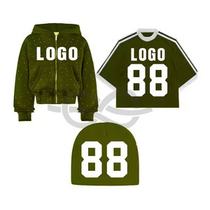 <b>Men's</b> Streetwear Hoodie & Premium Boxy Fit Rhinestone <b>T</b>-<b>Shirt</b> with Bold Letter Print & Functional <b>Pocket</b> Heavyweight Beanie - Product Image 1