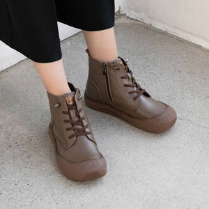 [JSHOE] Botines de Mujer de Piel Auténtica con Cordones, Forrados de Felpa, Tacón Bajo de 3 cm, Zapatos Cómodos de Invierno - Product Image 2