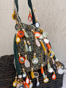 Handmade Beaded Bucket Evening Bag With Pearl Mirror Tassels Shoulder Strap Fashionable Party Accessory - Product Image 1