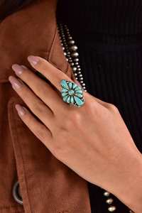 Handmade Turquoise and <b>Sterling</b> <b>Silver</b> <b>Adjustable</b> <b>Ring</b> - Statement Cluster <b>Ring</b> for Women - Product Image 6