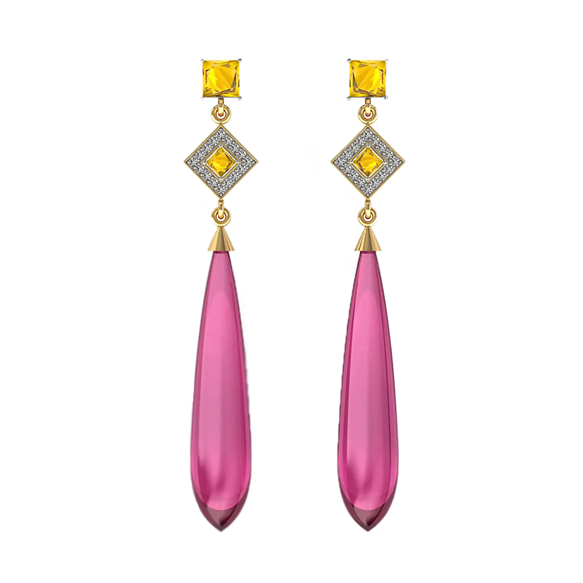 Rắn Vàng Rose Quartz & Citrine Drop Earrings Tự Nhiên Pave Kim Cương 18K Vàng Vàng Dangle Earrings Fine Jewelry Nhà Sản Xuất
