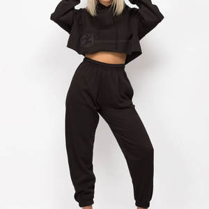 Ensemble de survêtements décontractés pour femmes, imprimé uni, 100% coton, à capuche, coupe courte, écologique, respirant, 2 pièces, séchage rapide, manches longues - Product Image 1