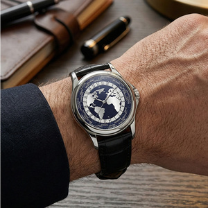 Montre-bracelet mécanique automatique de luxe avec logo personnalisé OEM, cadran unique avec carte du monde, heure mondiale GMT, bracelet en cuir en acier inoxydable 316L - Product Image 4