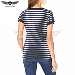 Camisetas de Algodón Estampadas para Mujer, Corte Regular, Hechas a Mano, Servicio OEM, Contraste de Color Azul y Blanco, Precio al por Mayor - Product Image 4