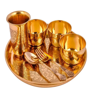 Engraved Flowers Design Pure Brass Thali Set 7-Piece Pital <b>Dinnerware</b> for Gifting Diwali Special Metal Collection - Product Image 1