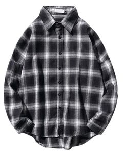 Chemise à carreaux noire et blanche pour homme, en coton et polyester, manches longues, boutonnée, décontractée, en flanelle douce, coupe ample - Product Image 1