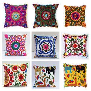 Wholesale <b>Indian</b> Handmade 18x18 Suzani Embroidery Eco-Friendly Pom Pom Lace Home & Hotel Decor Sofa <b>Cushion</b> Cover - Product Image 2