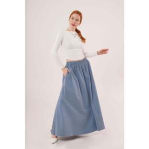 Lustrin Women's Long Blue Elastic Waist <b>Skirt</b> Side <b>Pocket</b> Detail Comfortable Casual Dyed Breathable <b>Maxi</b> <b>Skirt</b> for Everyday Wear - Product Image 2