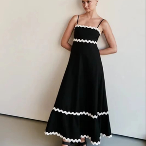 2025 plus récent prix dames 100% coton noir longue Maxi robe col carré plaine teint décontracté avec dentelle Maxi robe - Product Image 1