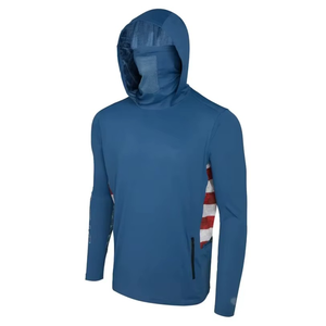 Camisa de Pesca con Capucha Azul para Hombre con Rayas Rojas y Blancas, Impresión por Sublimación, Protección UPF 50 Anti UV, Manga Larga - Product Image 3