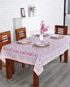 鸽子蓝色和火烈鸟粉色白色花朵和粉色边框设计手版印花桌布桌罩
