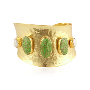 18k gold plated women jewelry green <b>copper</b> turquoise with freshwater pearl adjustable <b>bracelet</b> solid brass metal wide band cuff - Product Image 2