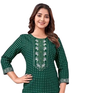 Reyon Weaving Foil Gold Print Kurtis con bordado y trabajo de secuencia - Product Image 1