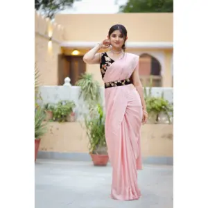 Sari Ligero de Satén con Lentejuelas Bordadas, Estilo Vintage, Recto, Largo hasta el Suelo, para Fiestas y Bodas, para Mujer - Product Image 5