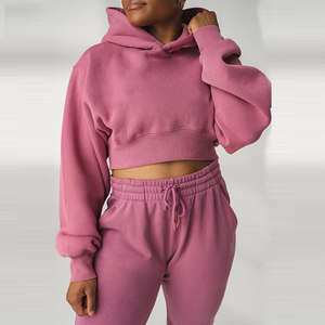 เสื้อฮู้ดครอปตัวหลวมสไตล์สตรีทแวร์ปักลายตัวอักษรพร้อมโลโก้แบบกำหนดเองสำหรับผู้หญิง พร้อมกางเกงขายาวเข้าชุด - Product Image 6