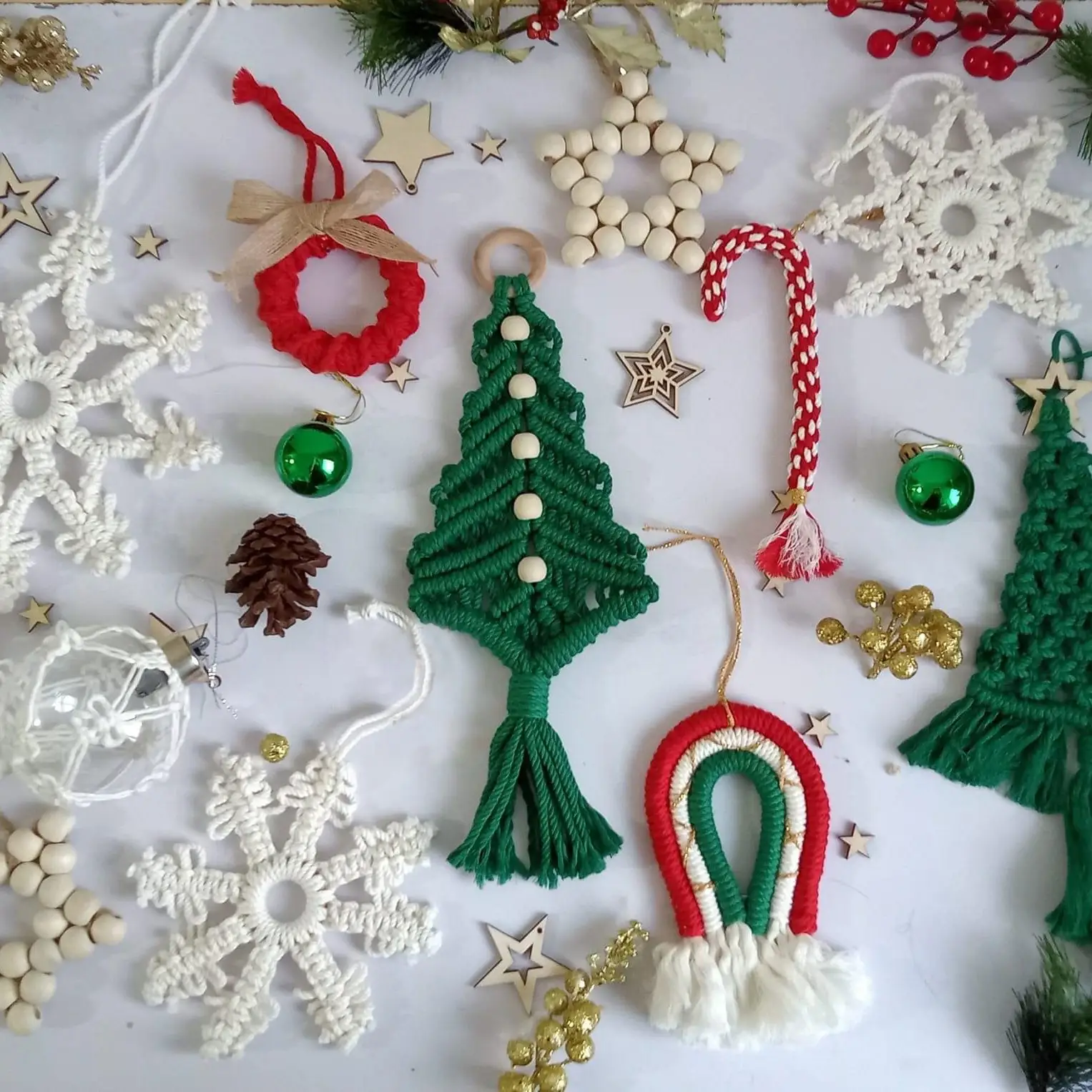 Juego completo de árboles y adornos de macramé, decoración de Navidad