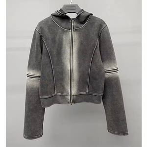 Personalizado de alta calidad de peso pesado de lana Streetwear sudaderas con capucha lavado al sol desteñido ácido diseño de lavado aspecto desgastado invierno cremallera Sudadera con capucha - Product Image 5