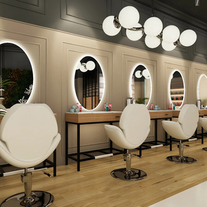 Ensemble complet de mobilier de salon de coiffure avec poste de coiffage ovale à miroir LED, fauteuil de lavage Space Age et lustre à bulles pour <span class=keywords><strong>studio</strong></span> de beauté - Product Image 1