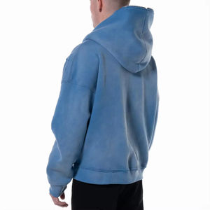 Fabricants OEM ODM, sweat à capuche surdimensionné à fermeture éclair, sweat à capuche délavé de haute qualité, bleu pour homme, 450 GSM, sweat à capuche à fermeture éclair - Product Image 4