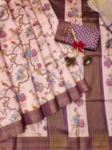 Nouvel arrivage de chemisier sari en soie douce tussar avec corps imprimé jal et bordure tissée ghicha tussar pallu et zari à vendre - Product Image 6