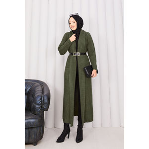 Cardigan en tricot à col châle tressé kaki pour femmes - Product Image 1