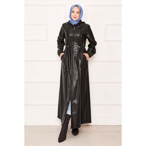 Chaqueta de Cuero Genuino Negra Formal con Capucha, Cintura Ajustable, Cierre de Cremallera, Forro de Seda, Impermeable, Casual de Invierno, con Botones Estampados - Product Image 4