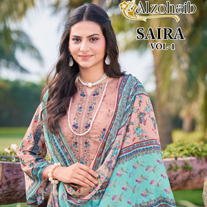 ชุดปากีสถานแบบกึ่งสำเร็จรูป คุณภาพพรีเมียม สีพาสเทลพีชและสีฟ้าอมเขียว ลายดอกไม้ พร้อมผ้าคลุมไหล่พิมพ์ลาย - Product Image 2