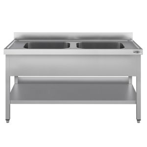 Évier commercial en acier inoxydable ECO - 1400x700mm - avec double bac central - avec étagère inférieure - avec rebord - Product Image 3