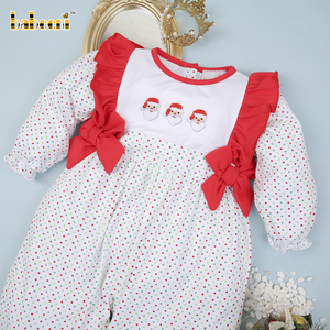Santa khoản Thêu Tay Cô Gái bong bóng ODM bé smocked dài Romper thiết lập với Snap Nút đóng cửa 100% hữu cơ Cotton-BB2946 - Product Image 1