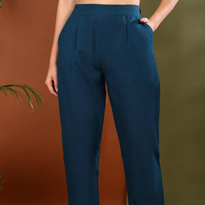 Pantalon en coton slub bleu sarcelle respirant pour femmes avec poche pratique, coupe régulière, pour le travail, les voyages, le quotidien - Product Image 1