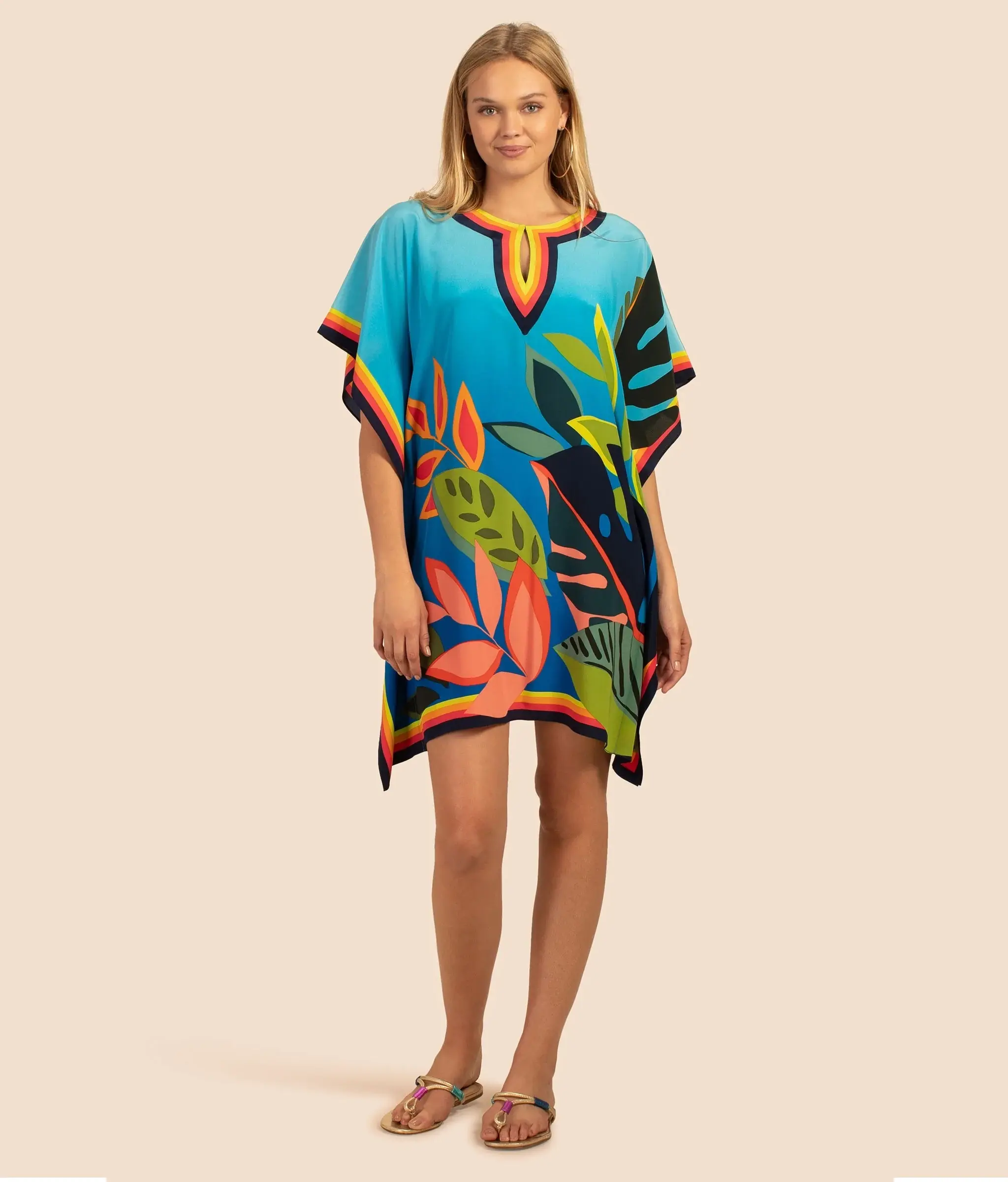 Beach Style Tropical Floral Printed Women Tunic Top Short Length Soft Silk Crepe Kaftan Dress