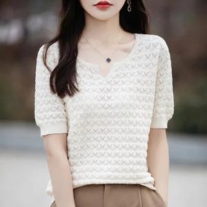 NOVEDAD DE VERANO 2024, camiseta de manga corta con cuello en V para mujer, Jersey de algodón 100% de Color sólido, Camiseta holgada de punto a la moda para mujer - Product Image 5