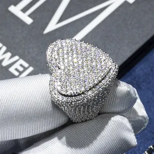 嘻哈饰品18k镀金925纯银VVS法棍莫石钻石冰镇心形戒指