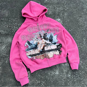 ผู้ผลิตเสื้อผ้าผู้ชายขายส่ง 350% GSM เสื้อฮู้ดดี้แบบซิป พิมพ์ลายสกรีน เสื้อฮู้ดดี้แบบทำเก่า ประดับคริสตัล - Product Image 2