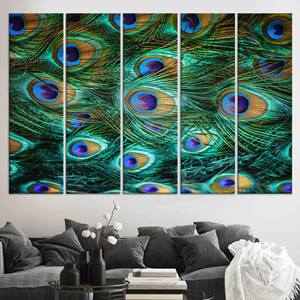 Arte de pared de cristal con plumas de pavo real vibrantes, impresión en lienzo, JUEGO DE 5 LIEÑOS - Product Image 1