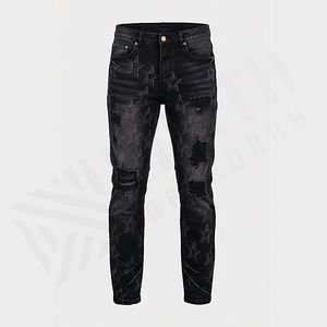 Wholesale Fashion Vintage High Quality <b>Men</b> <b>Jean</b> Fitted Ripped Raw Hem Stacked <b>Flare</b> Denim <b>Jeans</b> Wholesale Customized Color - Product Image 1
