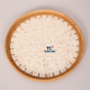 Plateaux en rotin faits à la main produit de décoration de la maison forme ronde incrustation de nacre coquille de capiz plateau en rotin plateau de service alimentaire - Product Image 1